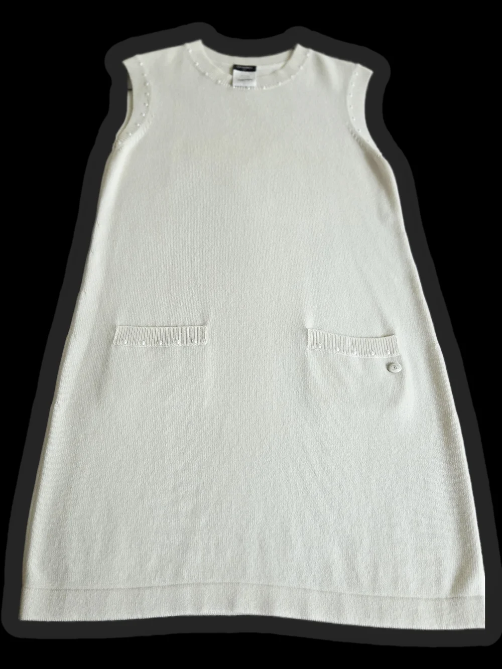 CHANEL Cream Sleeveless Cashmere Shift Dress with Pearl Accents Made In France